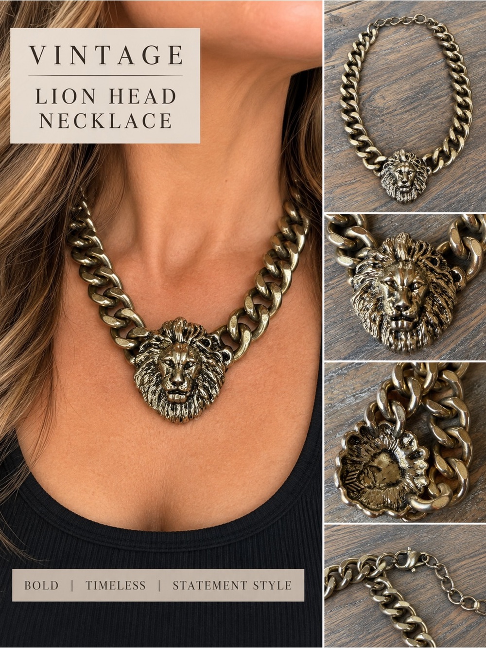 Vintage Lion Head Statement Necklace Chunky Gold Tone Curb Chain